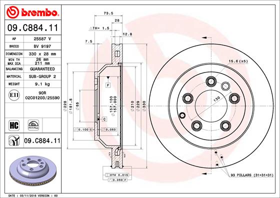 Bremsscheibe Hinterachse Brembo 09.C884.11 von Brembo