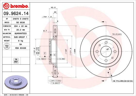 Bremsscheibe Vorderachse Brembo 09.9624.14 von Brembo