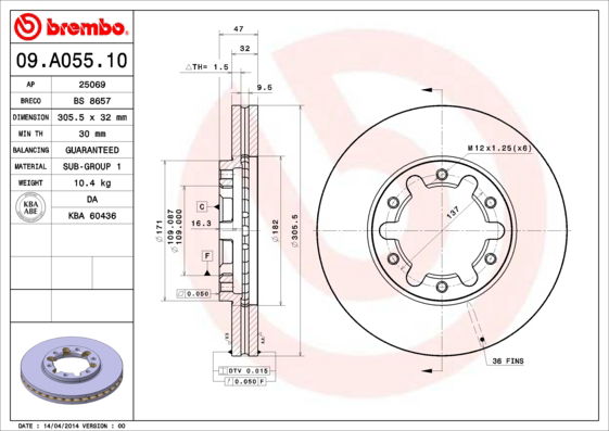 Bremsscheibe Vorderachse Brembo 09.A055.10 von Brembo