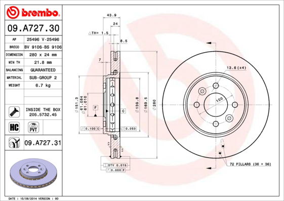 Bremsscheibe Vorderachse Brembo 09.A727.31 von Brembo