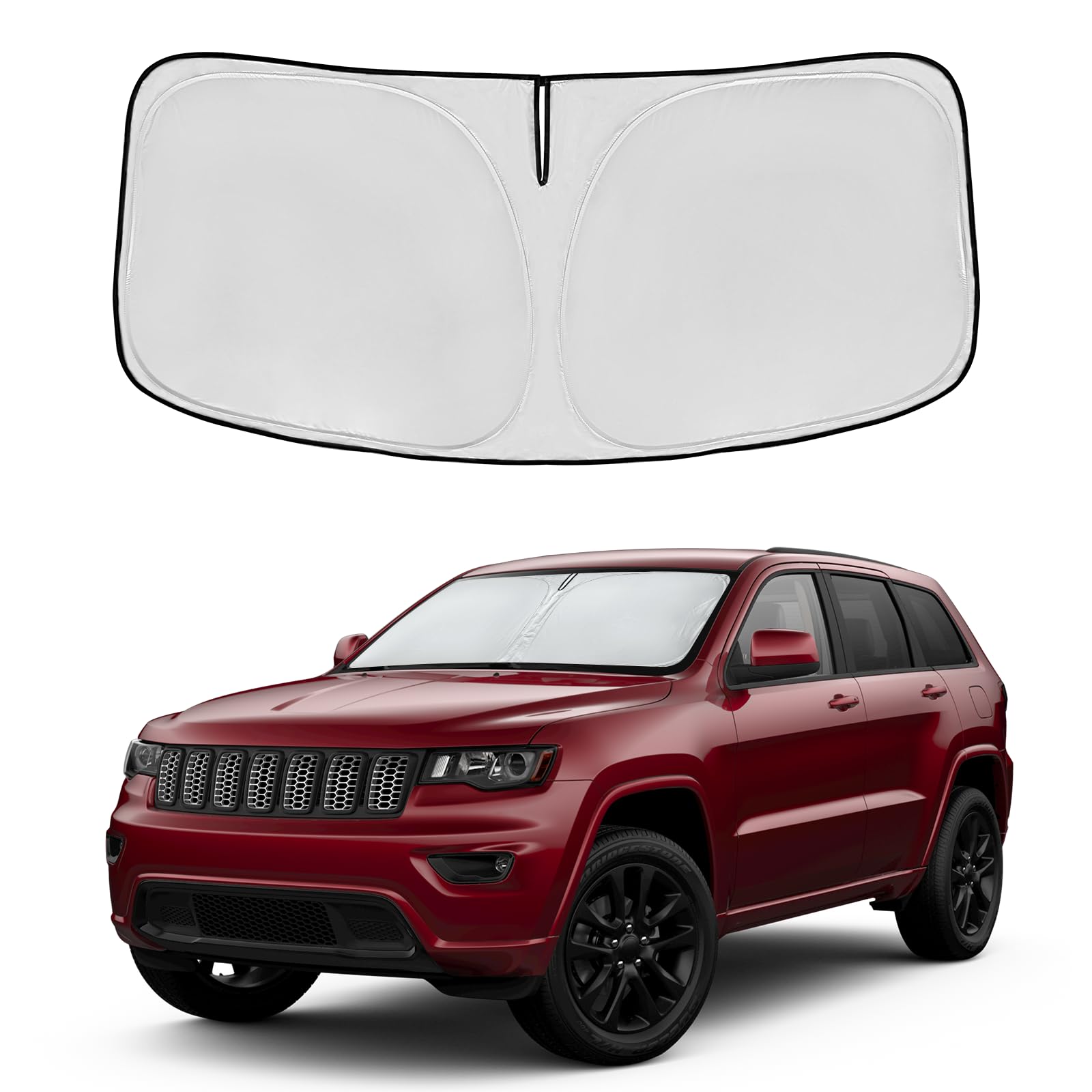 Windschutzscheiben-Sonnenschutz für Jeep Grand Cherokee 2014–2024, Zubehör, 4-lagig, 240T, Frontscheibenschutz, passgenau, Grand Cherokee, Sonnenblende, faltbar, blockiert UV-Strahlen von AuyNeas