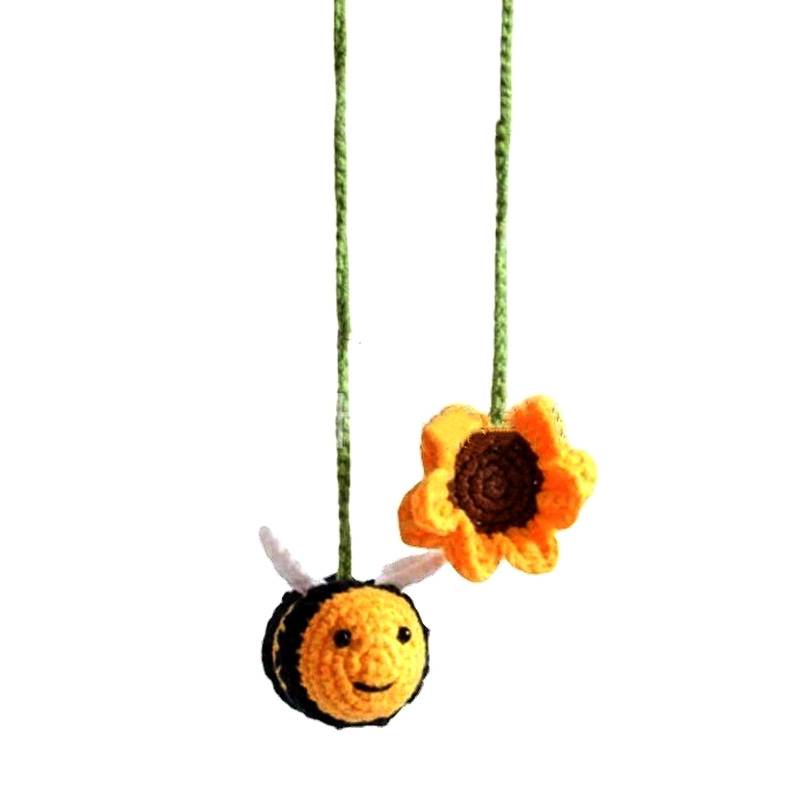 Avejjbaey Automobil-Charm-Dekoration, Rückansicht zum Aufhängen, Ornament, gehäkelt, Bienen, Blumen-Anhänger, gestrickte Dekorationen für Freunde von Avejjbaey