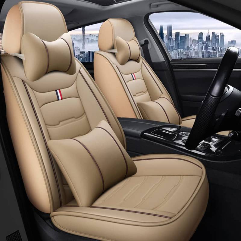 Awotzon Auto-Sitzauflage 5er Set Für Volvo XC40 XC60 XC70, Autositzbezüge Leder Set Wasserdicht, Satz Universal-Ledersitzbezüge Auto Sitzbezüge Set Beige von Awotzon