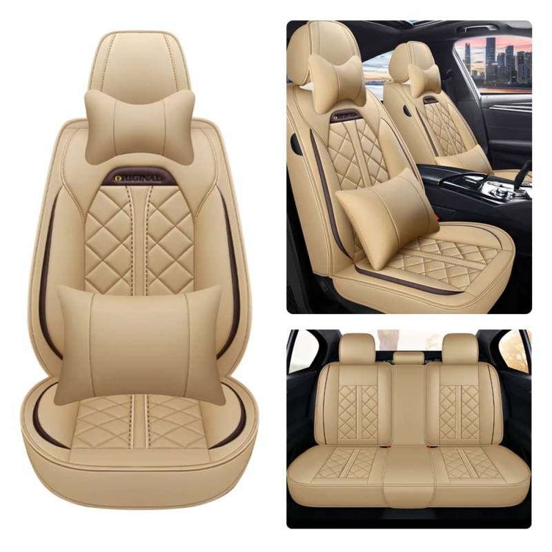 Awotzon Autositzbezug Für Jeep Cherokee Grand Cherokee 5 Sitze Autositzbezüge Komplettset Allwetter Auto Sitzauflage Kunstledersitzbezug Mit Kopfstütze und Lendenkissen（Beige） von Awotzon