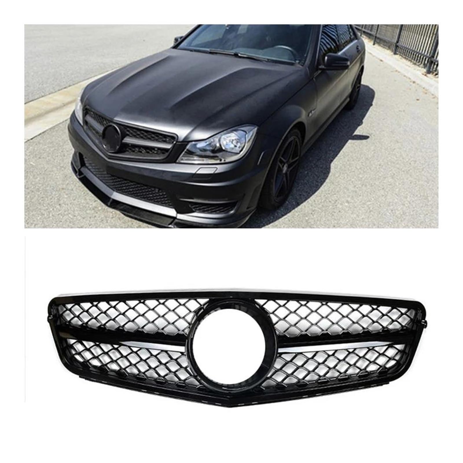 Auto Kühlergrill Für Benz Für W204 C-Klasse 2008-2014 C180 C200 C250 C300 C43 Schwarzer Oberer Stoßfängerhauben-Maschengittergrill AMG-Stil Frontgrill Front Kühlergrill von Awqmx