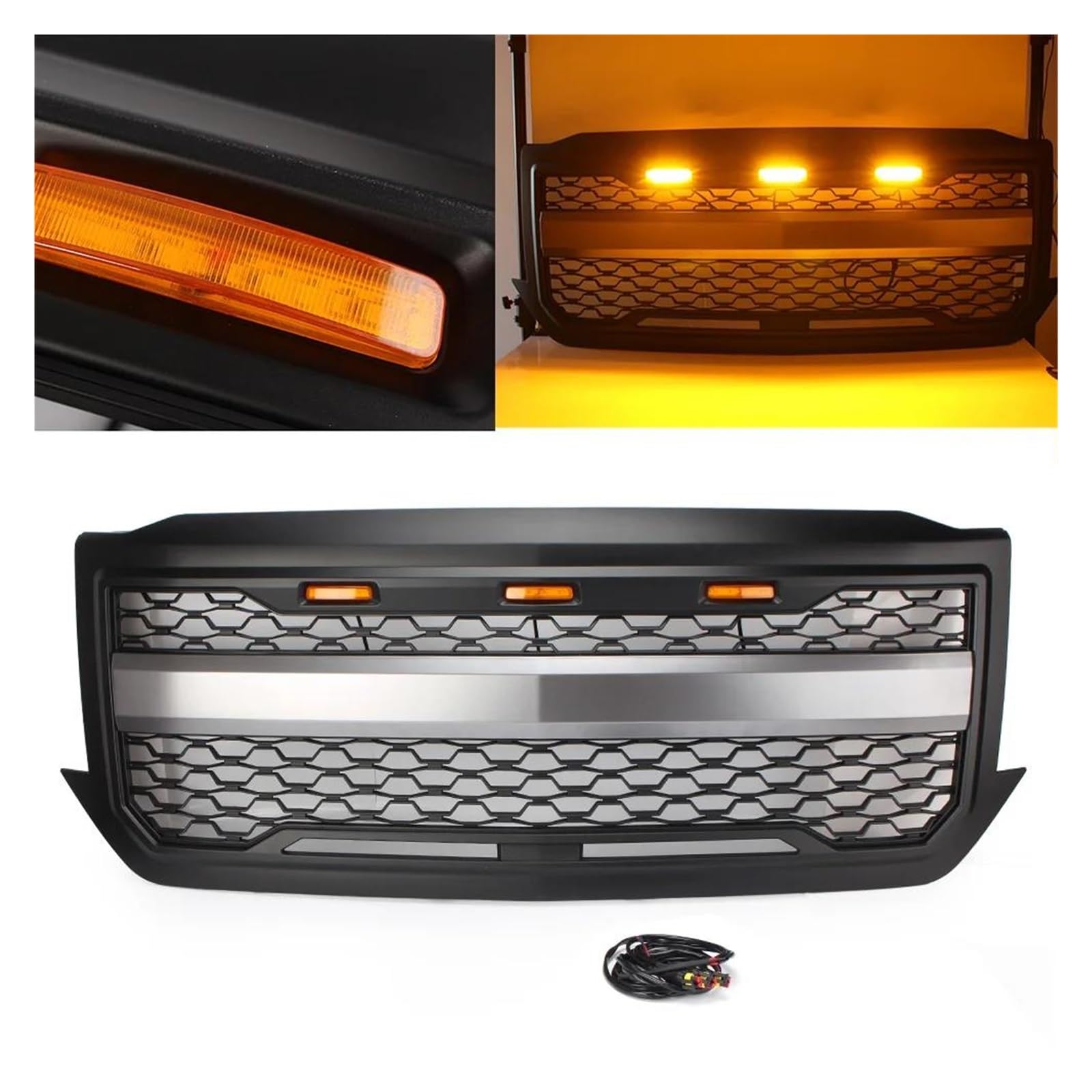 Auto Kühlergrill Für Chevrolet Für Silverado 1500 2016 2017 2018 84134049 Mattschwarzer Auto-Frontgrill Mit Bernsteinfarbenem Licht Front Kühlergrill von Awqmx