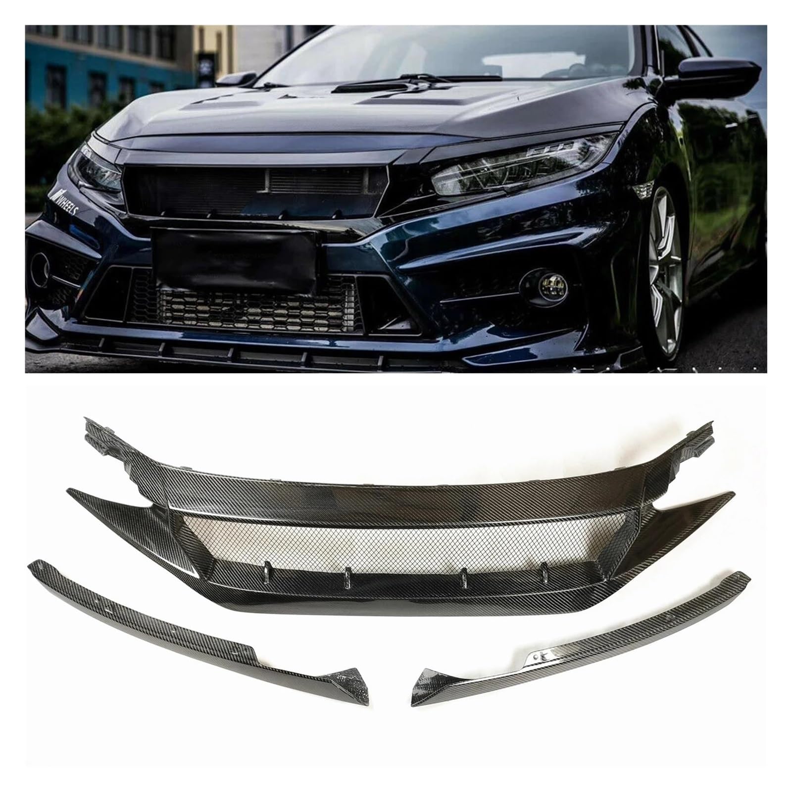 Auto Kühlergrill Für Civic FK8 FC1 FK7 10. 2016-2021 Auto Obere Stoßstange Ansaughaube Mesh Grid Real Carbon Fiber Frontgrill Racing Grill Front Kühlergrill von Awqmx