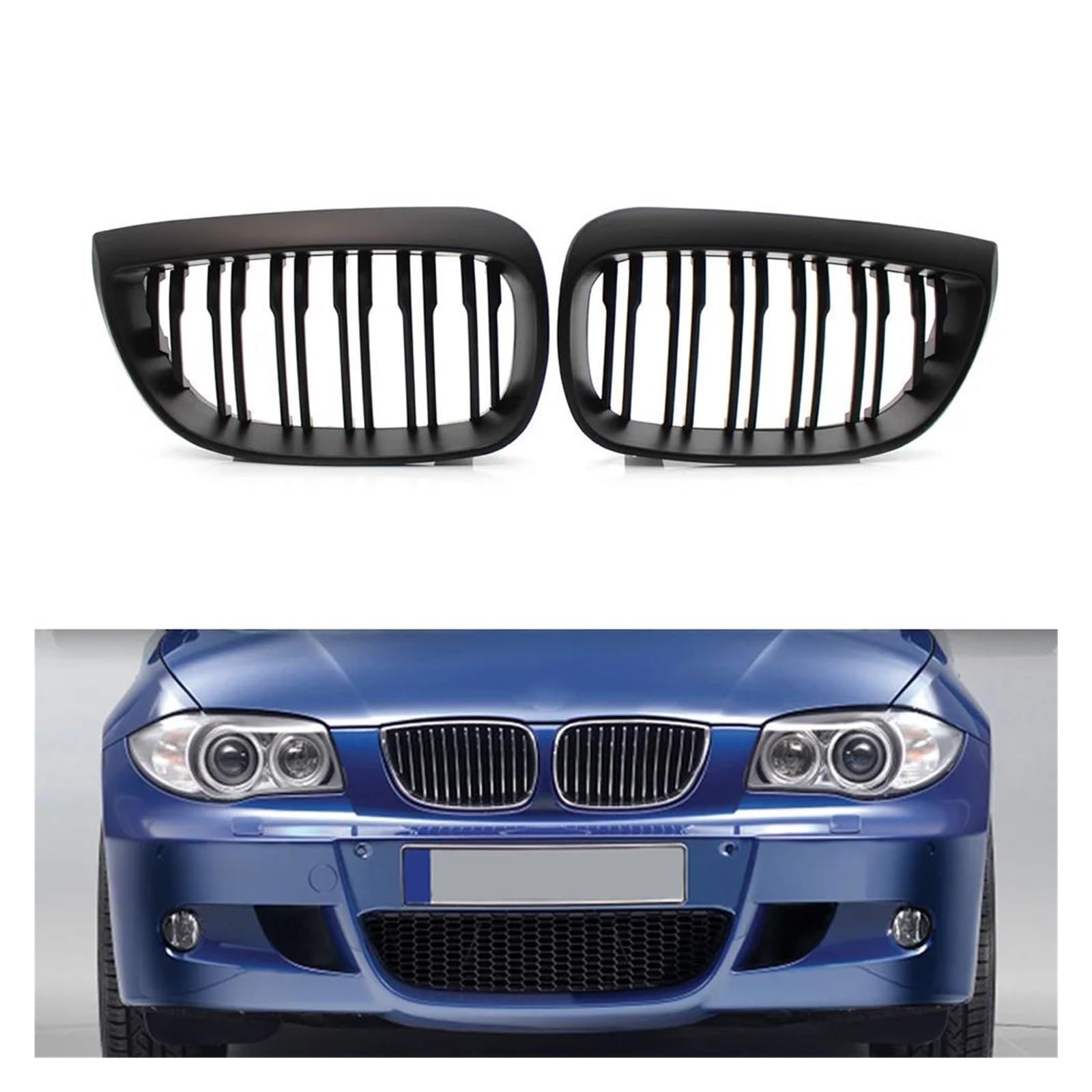 Auto Kühlergrill Für E87 1er 2004–2007 Und 1er E81 2007–2011, Mattschwarz, Doppellamellen, Vorderer Nierengrill, Oberer Netzgrill, 1 Paar Front Kühlergrill von Awqmx