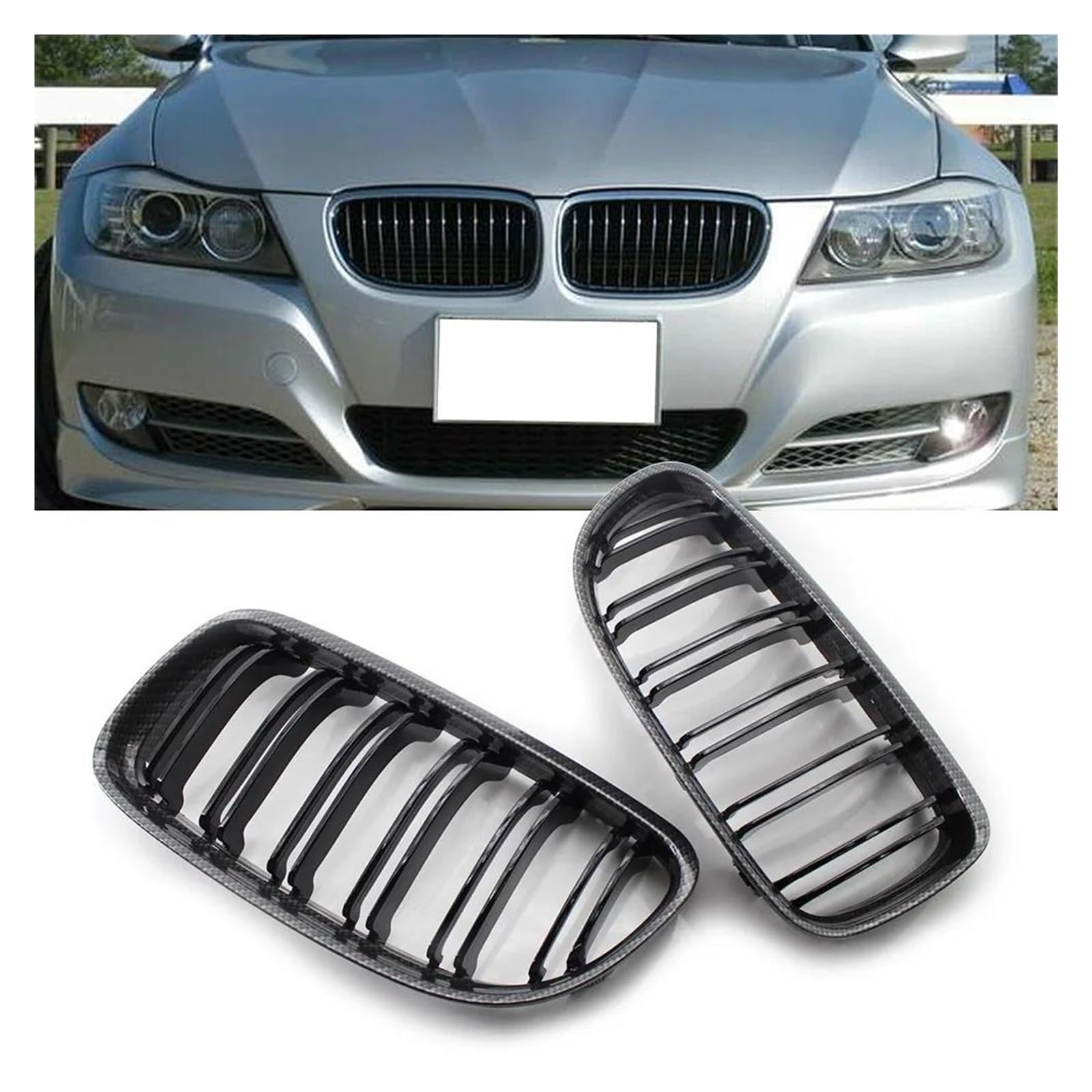 Auto Kühlergrill Für E90 E91 2009 2010 2011 2012 3 Serie 325i 328i 335d 335 I 2X Carbon Faser Schwarz Doppel Lamellen Auto Front Niere Kühlergrill Front Kühlergrill von Awqmx