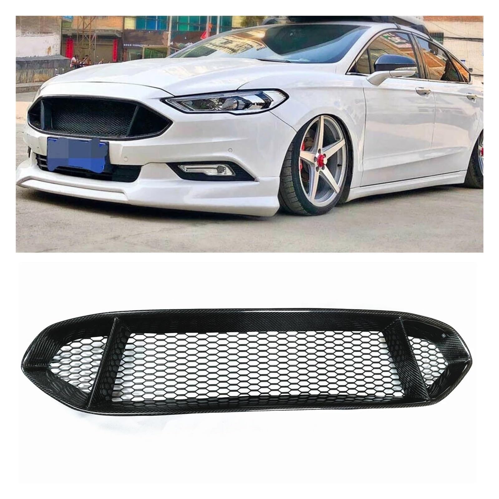 Auto Kühlergrill Für Ford Für Mondeo Fusion 2017,7-2018 Waben Stil Kühlergrill Grill Real Carbon Fiber Auto Oberen Stoßfänger Intake Haube Mesh Grid Front Kühlergrill von Awqmx