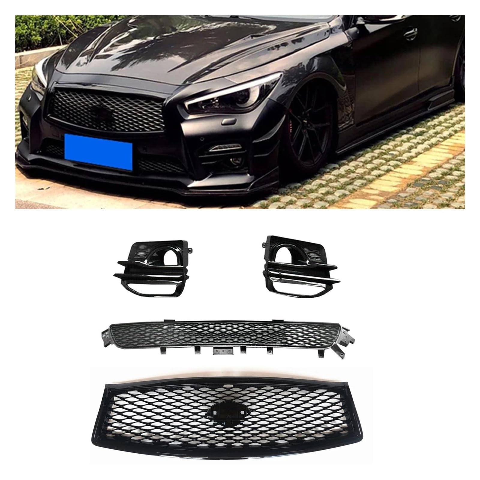 Auto Kühlergrill Für Infiniti Q50 2014-2017 Sport Front Upper Grille + Unterer Grill + Nebelscheinwerfer Abdeckung Rahmen Auto Körper Kit Haube Mesh Seite Air Vent Trim Front Kühlergrill von Awqmx