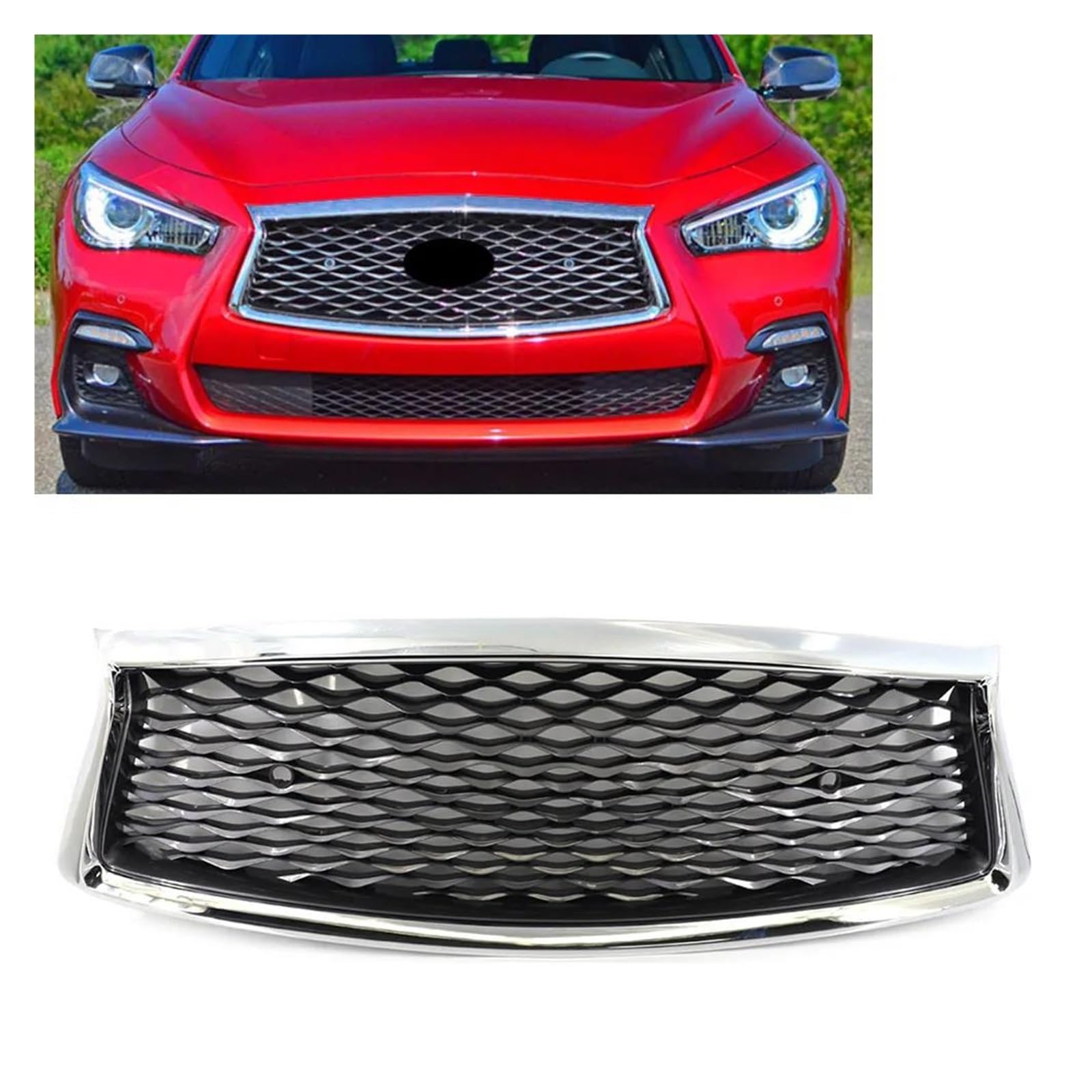 Auto Kühlergrill Für Infiniti Q50 Q50S 2018 2019 2020 2021 2022 2023 Auto Honeycomb Front Stoßstange Center Upper Mesh Grille Grill Mit Sensor Loch Front Kühlergrill(Chrome Black) von Awqmx