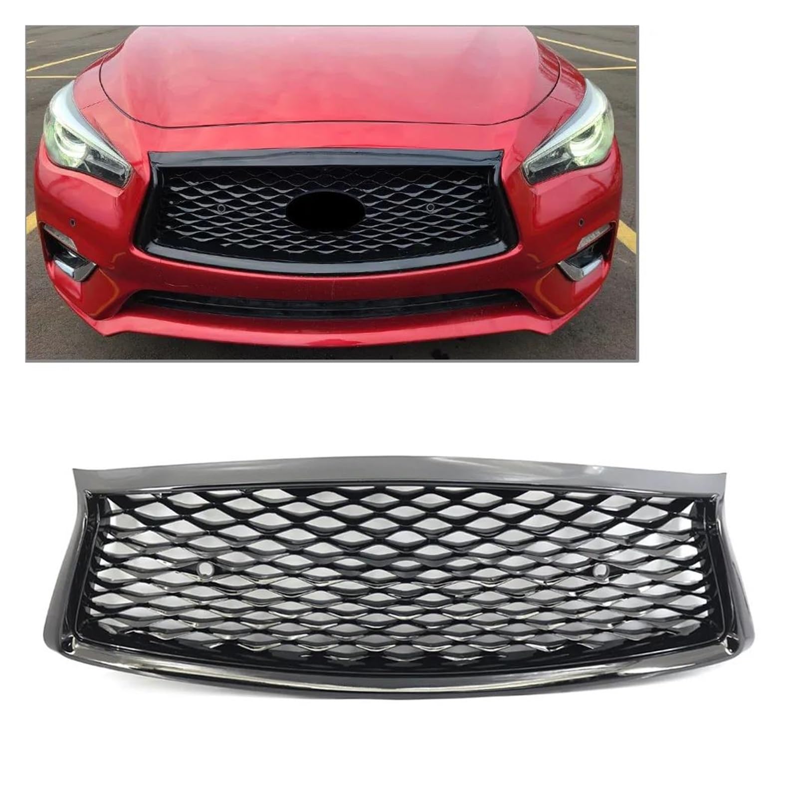 Auto Kühlergrill Für Infiniti Q50 Q50S 2018 2019 2020 2021 2022 2023 Auto Honeycomb Front Stoßstange Center Upper Mesh Grille Grill Mit Sensor Loch Front Kühlergrill(Glossy Black) von Awqmx