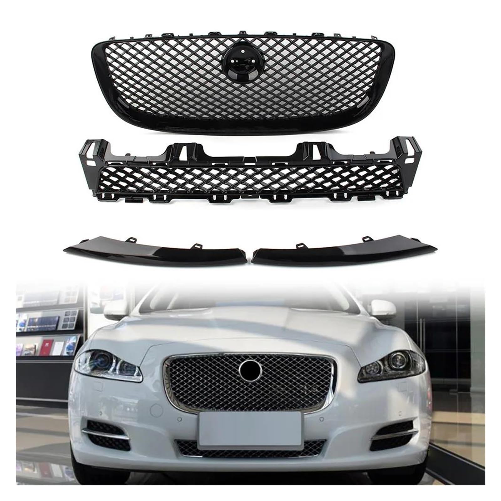 Auto Kühlergrill Für Jaguar Für XJ 2010 2011 2012 2013 2014 2015 Glänzend Schwarz 4-teiliges Auto-Frontstoßstangengitter Oberes + Unteres Mesh-Grill-Zubehör Front Kühlergrill von Awqmx