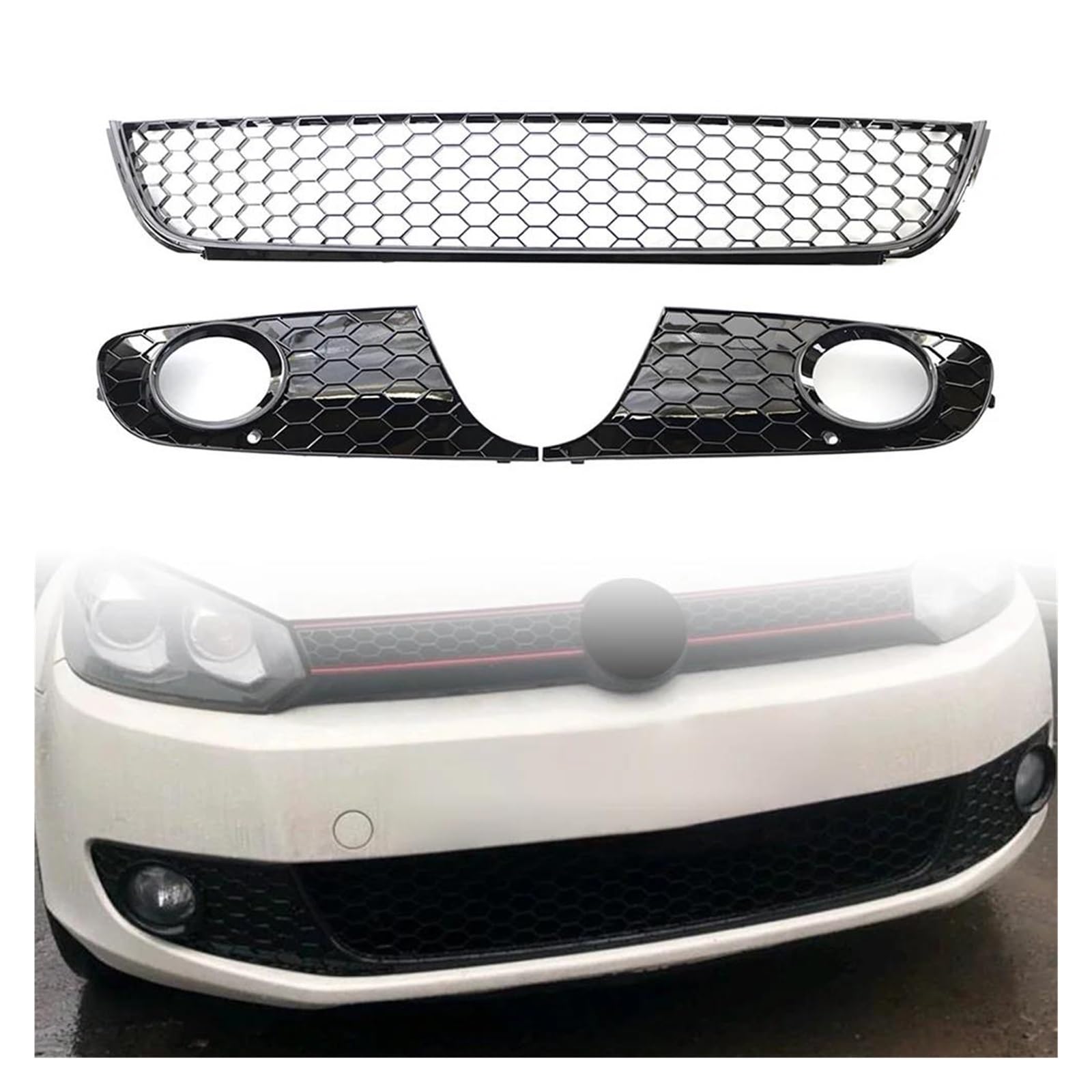 Auto Kühlergrill Für VW Für Golf 6 Für Jetta MK6 2009 2010 2011 2012 2013 3 Teile/Satz Auto ABS Honeycomb Front Untere Stoßstange Mesh Grille Nebel Licht Grill Front Kühlergrill(Version 1) von Awqmx