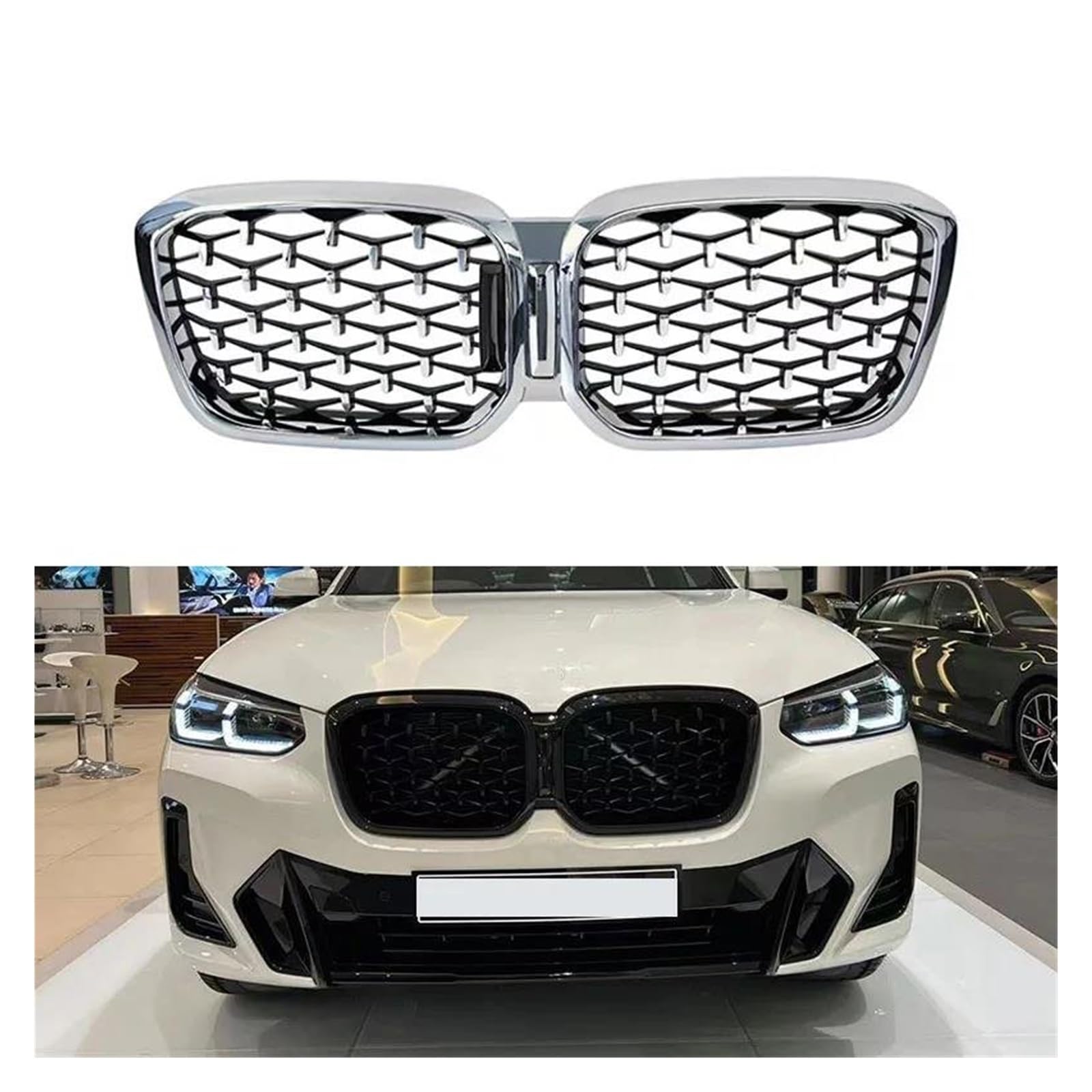 Auto Kühlergrill Für X3 Für X4 2022 + G01 G02 LCI Diamant Grille Front Mesh Nieren Grills Front Stoßstange Ersatz Grille Front Kühlergrill(All silver no hole) von Awqmx