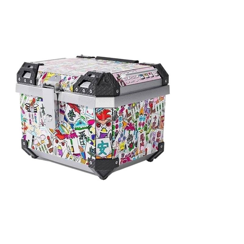 Leder & Satteltaschen Universal Motorrad Heckbox Top Tail Helm Box Abschließbare Gepäckaufbewahrung Werkzeugkasten Lagerregal 45L 57L Motorradtasche(45L Stickers-D) von Awqmx