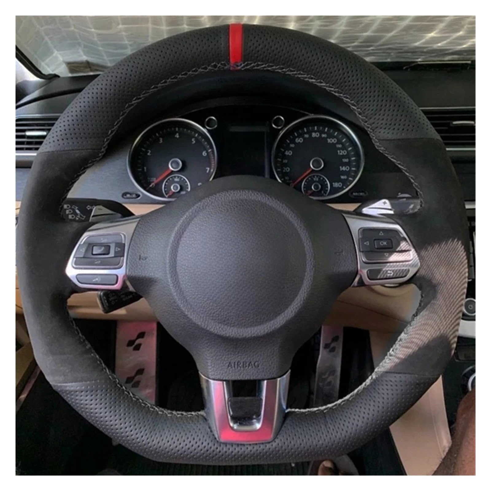 Auto Lenkradschutz Für Golf 6 Für GTI MK6 Für VW Für Polo Für GTI Für Scirocco R Für Passat Für CC Für R-Linie 2010 Schwarz Wildleder Leder Auto Lenkrad Abdeckung Lenkradschoner(Black Thread) von Axexnejv