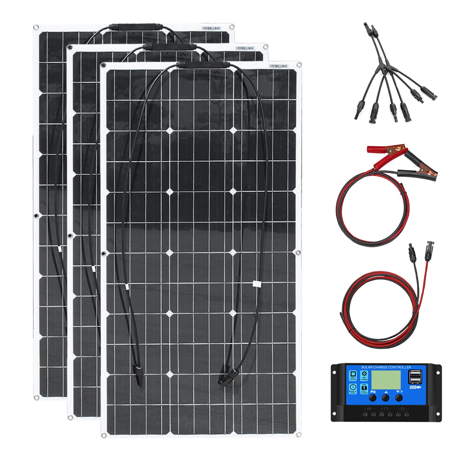 Aysolar 300W 12V Kit Solarpanel Flexibel 3X100W 18V Monokristallines Flexibles Solarmodul+30A 12V/24V Solarladeregler+Solarkabel Off-Grid-System für RV Boot Wohnwagen Camping Häuser Batterien von Aysolar