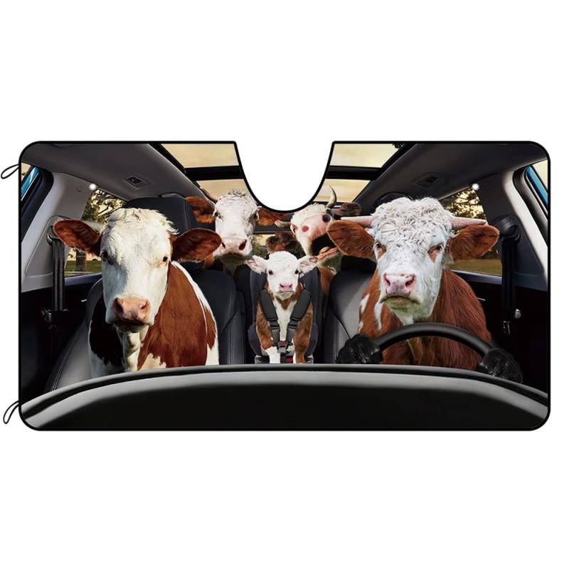 BAGEYOU Auto Front Windschutzscheibe Sonnenschutz Simmental Rinder Kuh Familie Dekor Fahrzeug Sonnenschutz Visier UV Strahlen Reflektor Sonnenschutz Hält Fahrzeug kühl, 140 x 76 cm von BAGEYOU