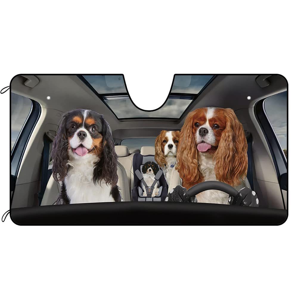 BAGEYOU Auto Frontscheibe Sonnenschutz Cavalier King Charles Spaniel Hund Welpen Familie Dekor Fahrzeug Sonnenschutz UV-Strahlen Reflektor Sonnenschutz, hält Fahrzeug kühl, 130 x 68 cm von BAGEYOU