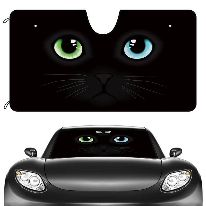 BAGEYOU Auto Frontscheibe Sonnenschutz Schwarz Katze mit Hellen Augen Dekor Fahrzeug Sonnenschutz UV-Strahlung Reflektor Sonnenschutz, hält Fahrzeug kühl, 130 x 68 cm von BAGEYOU