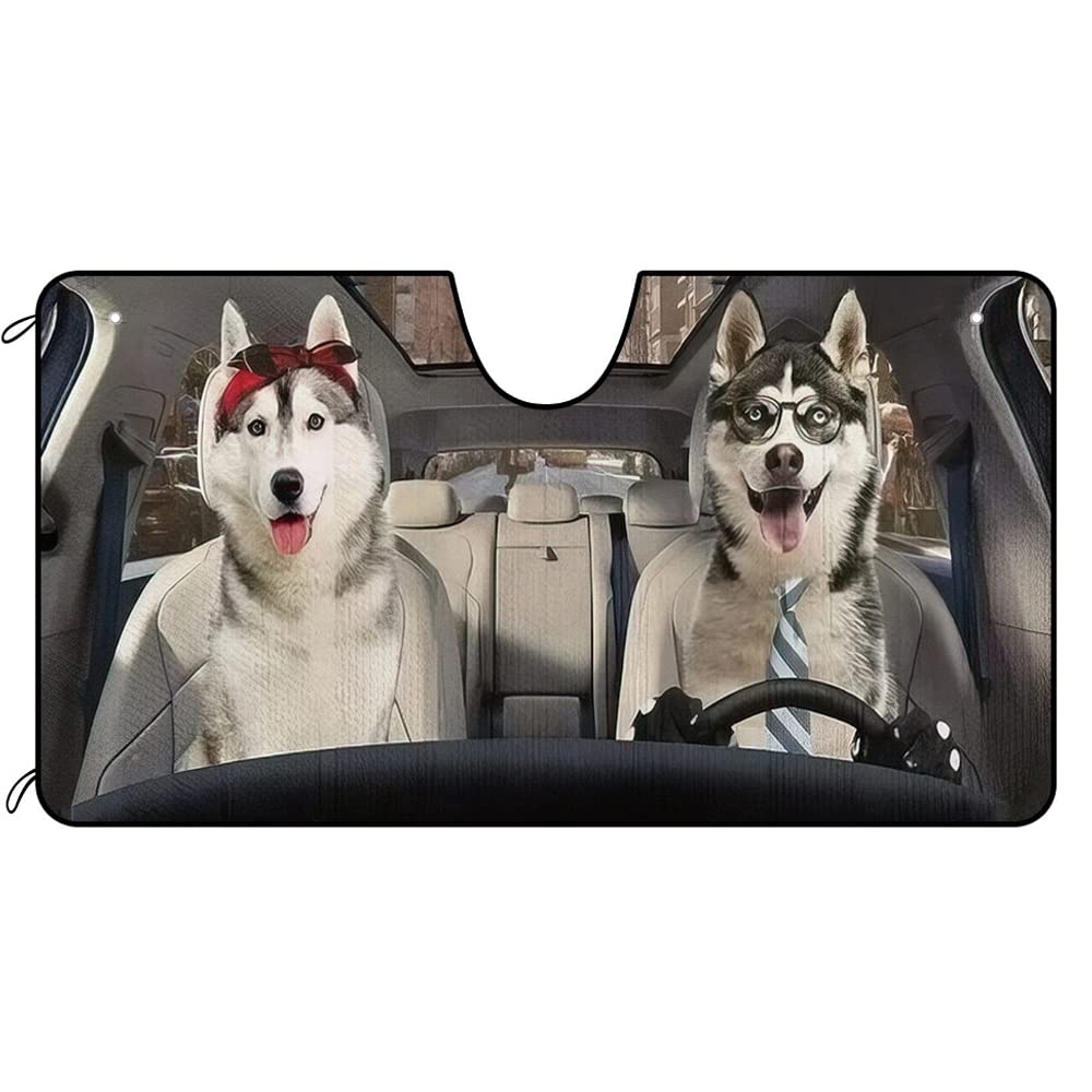 BAGEYOU Auto Windschutzscheibe Sonnenschutz Husky Paar Fahrzeug Frontscheibe Sonnenschutz UV-Strahlen Reflektor Sonnenschutz Sonnenschutz Visier, hält Fahrzeug kühl, 130 x 68 cm von BAGEYOU