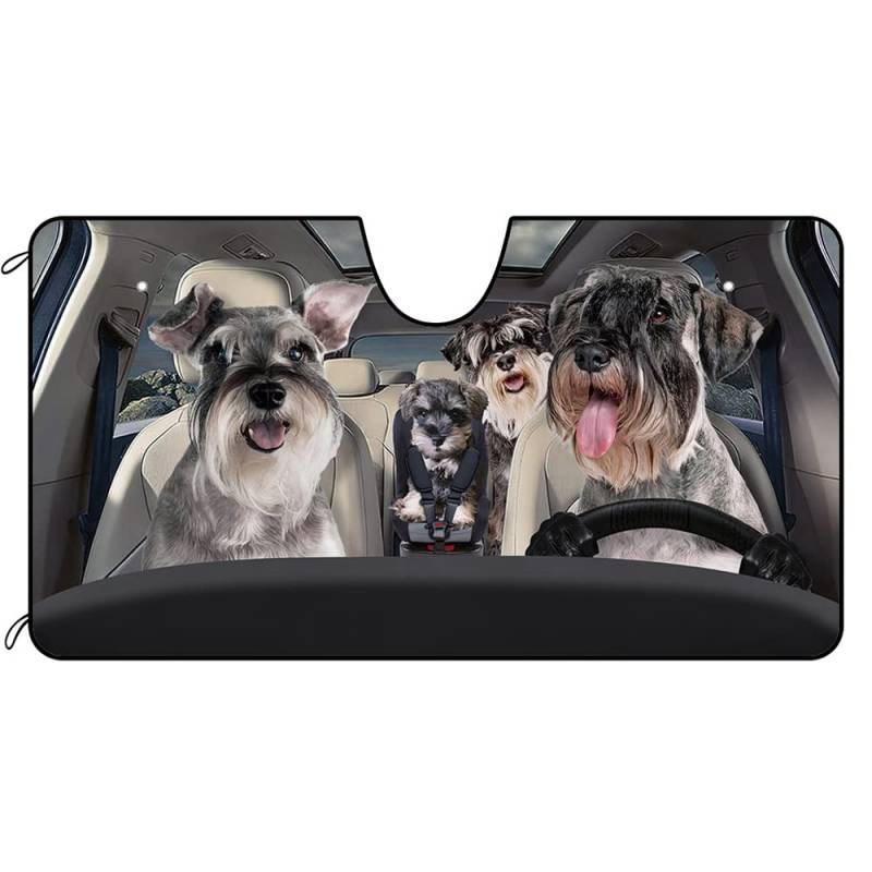 BAGEYOU Hund Auto Front Windschutzscheibe Sonnenschutz Grau Miniatur Schnauzer Familie Dekor Fahrzeug Sonnenschutz Visier UV Strahlen Reflektor Sonnenschutz Halten Sie Fahrzeug kühl, 140 x 76 cm von BAGEYOU