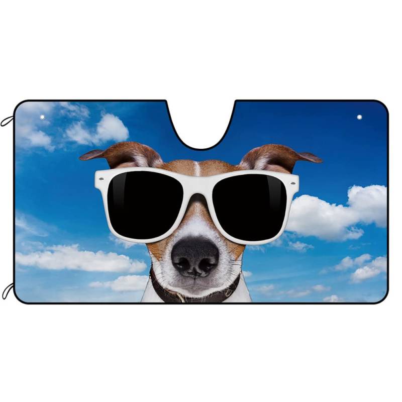 Hund Auto Front Windschutzscheibe Sonnenschutz Jack Russell Terrier in Brille Hund Dekor Fahrzeug Sonnenschutz UV-Strahlen Reflektor Sonnenschutz Sonnenschutz Visier, Keep Vehicle Cool, 140 x 76 cm von BAGEYOU