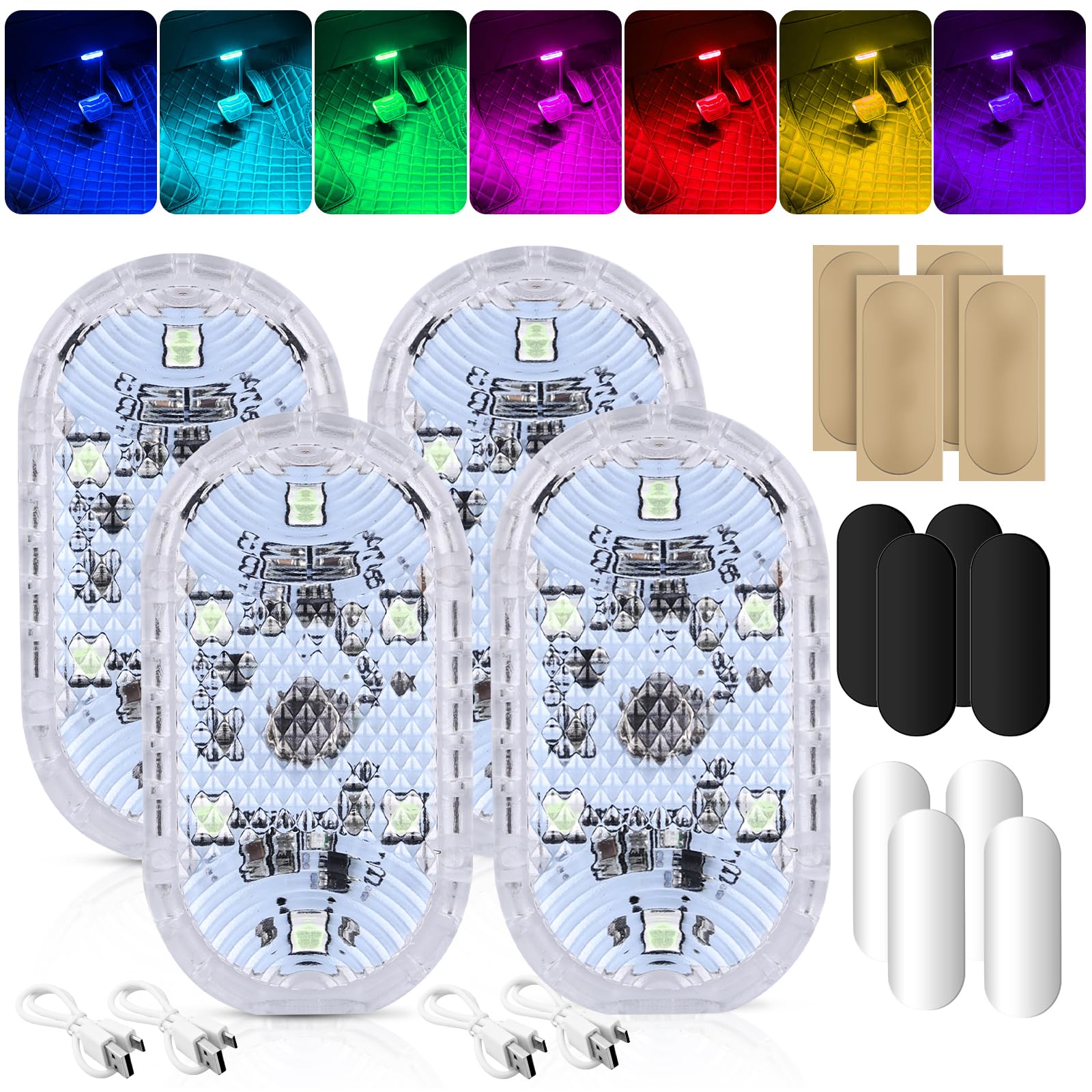 4 Stück Auto LED Innenbeleuchtung, LED Touch Licht RGB 7 Farben Module Fußraumbeleuchtung, Mini Beleuchtung USB Wiederaufladbar, Auto Zubehör, Magnetisches Nachtlicht, Innenraum Ambientebeleuchtung von BAIFULAI