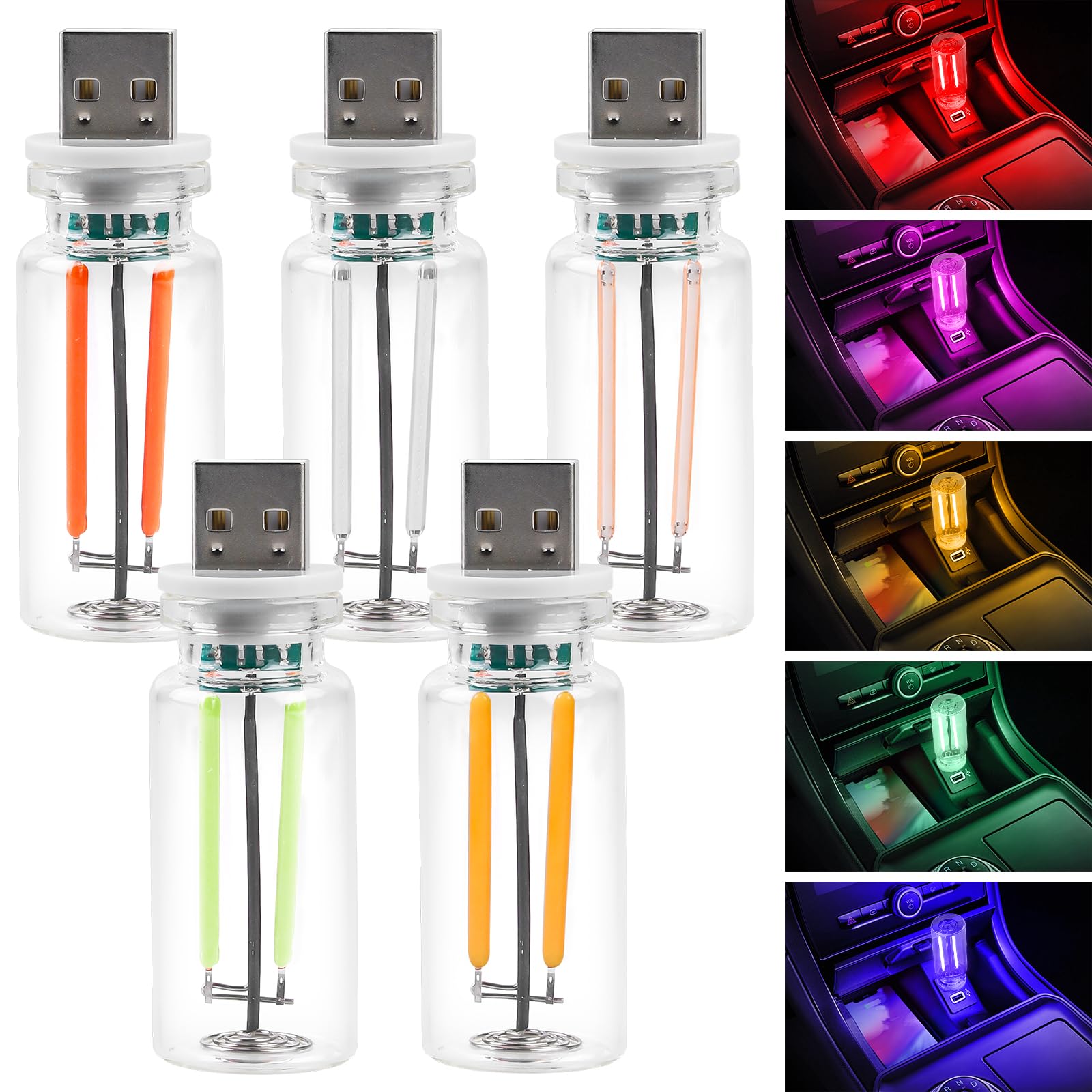 5 Stück Retro-Inspired USB Auto LED, Auto USB Lampe, Auto Atmosphäre Lichter, Kreative Glasflasche USB Licht, Auto Licht Innenraum, Plug-in USB Automotive Nachtlampen Ambientebeleuchtung für Auto von BAIFULAI