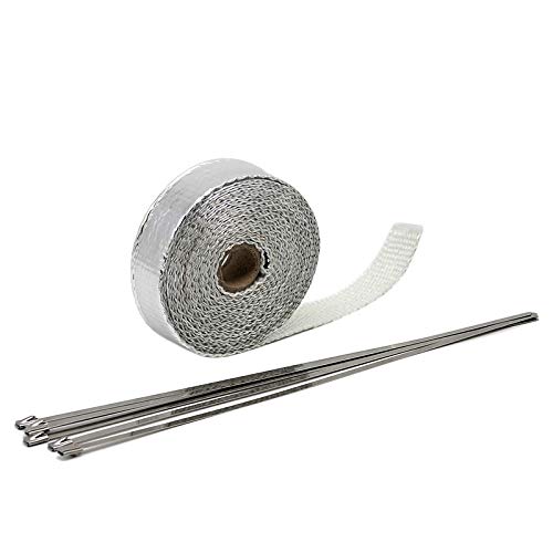 Hitzeschutzband Auspuff,Auspuffband 5m / 10m / 15m Thermisches Auspuffkopf-Rohrband Wärmeisolierende Wickelband-feuerfeste Stoffwalze mit dauerhaftem Stahl-Krawatten-Kit (Color : 25mm 15M Silver) von BALAMI