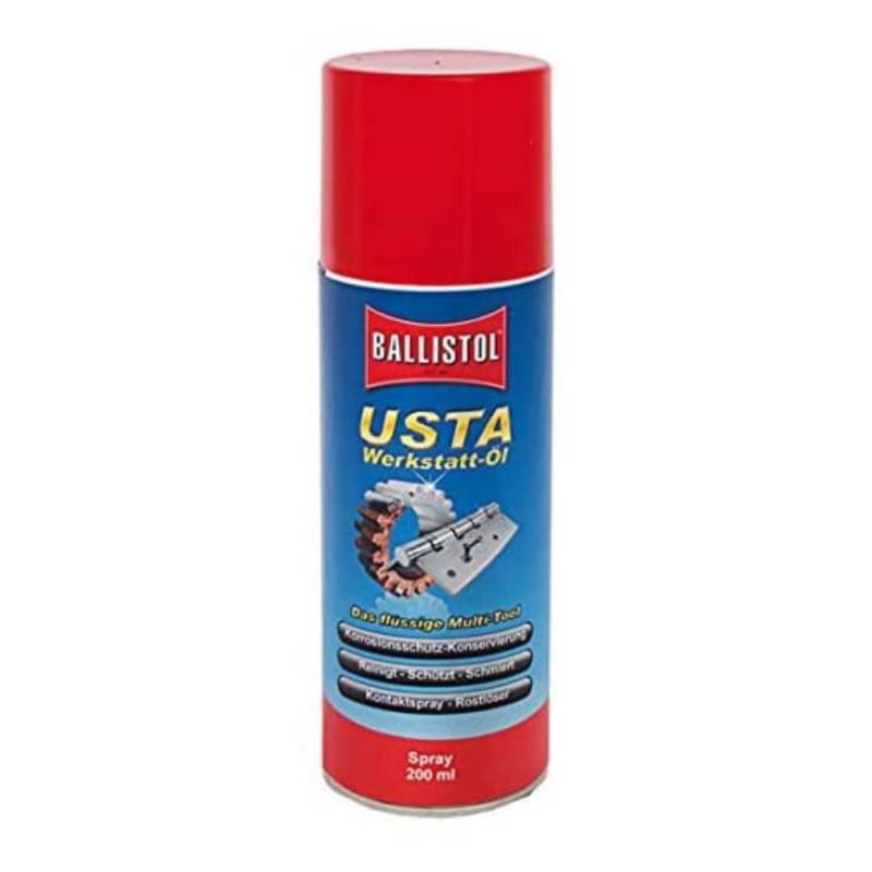 BALLISTOL 22950 Werkstatt-Öl USTA 200ml Spray – Reinigung, Schmierung, Rostschutz – Kontaktspray, Rostlöser, Schwarz von BALLISTOL