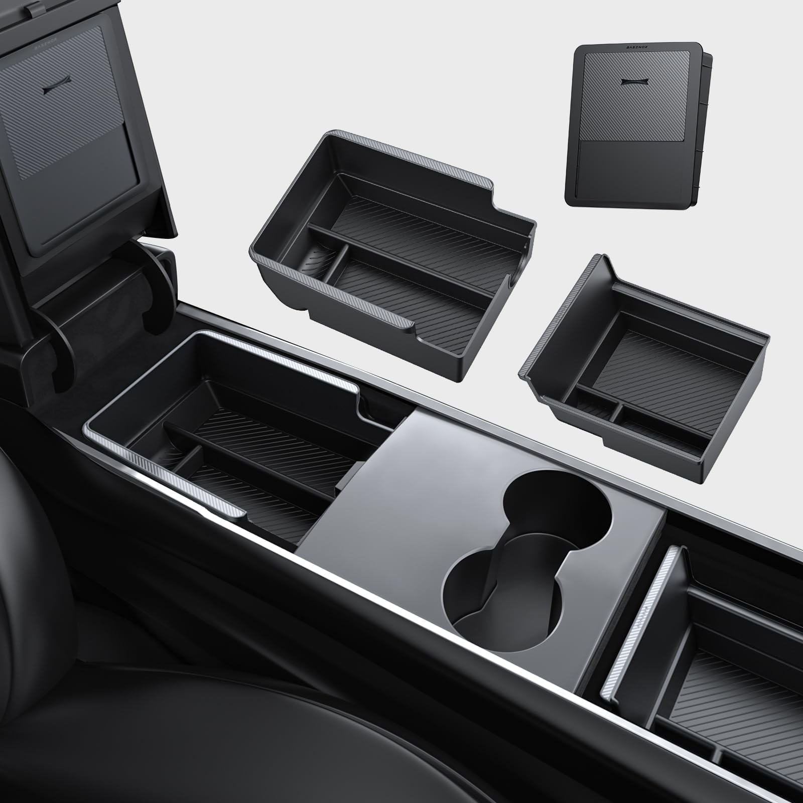 BASENOR 2024 Upgraded 3PCS Tesla Model Y Mittelkonsole Organizer Armlehne Versteckte Aufbewahrungsbox, speziell für Model Y 2021-2024, Tesla Innenraum Zubehör von BASENOR