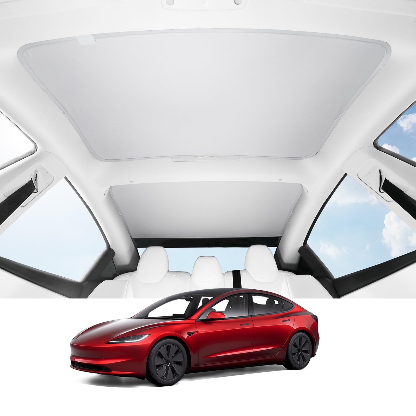 BASENOR 2025 Upgraded Tesla Modell 3 Glas Dach Sonnenschutz mit Aufbewahrungstasche Schiebedach Blocking Hitzeabdeckung Top Fenster Sonnenschutz für Modell 3 Innenzubehör Grau (kein Sag) von BASENOR