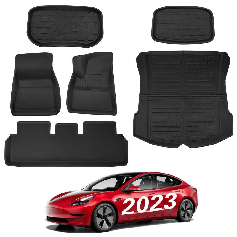 BASENOR Tesla Model 3 Fußmatten 3D Full Set Liner Allwetter Anti Rutsch wasserdichte Frunk und Kofferraummatten Zubehör Kompatibel mit Model 3 2024 2023 2022 2021 2020 2019 von BASENOR