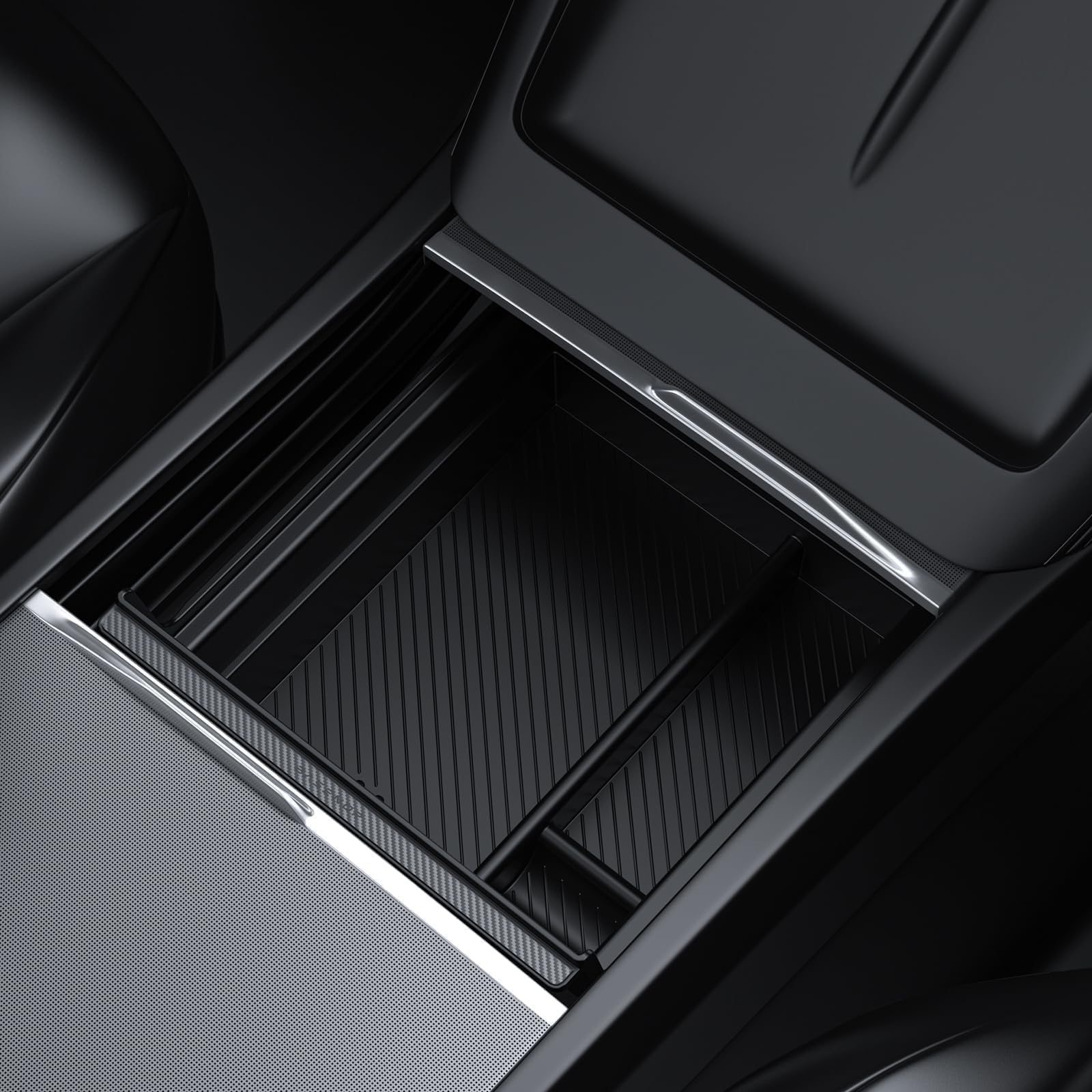 BASENOR Upgraded Center Console Organizer Tray (Carbon Fiber Edition) Kompatibel mit Tesla Model 3 2024, Tesla Console Storage Versteckte Schublade Aufbewahrungsbox Innenzubehör 2025 von BASENOR