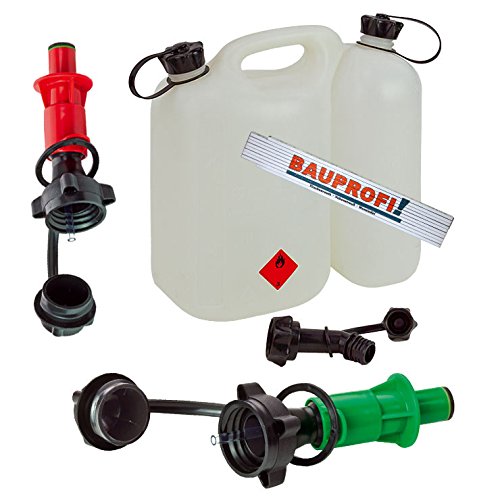 BAUPROFI Doppelkanister 5,5+3 Liter Natur (klar) inkl. Ausgiesser und 2X Sicherheitseinfüllsysteme (grün + rot) mit originalem Maßstab von BAUPROFI