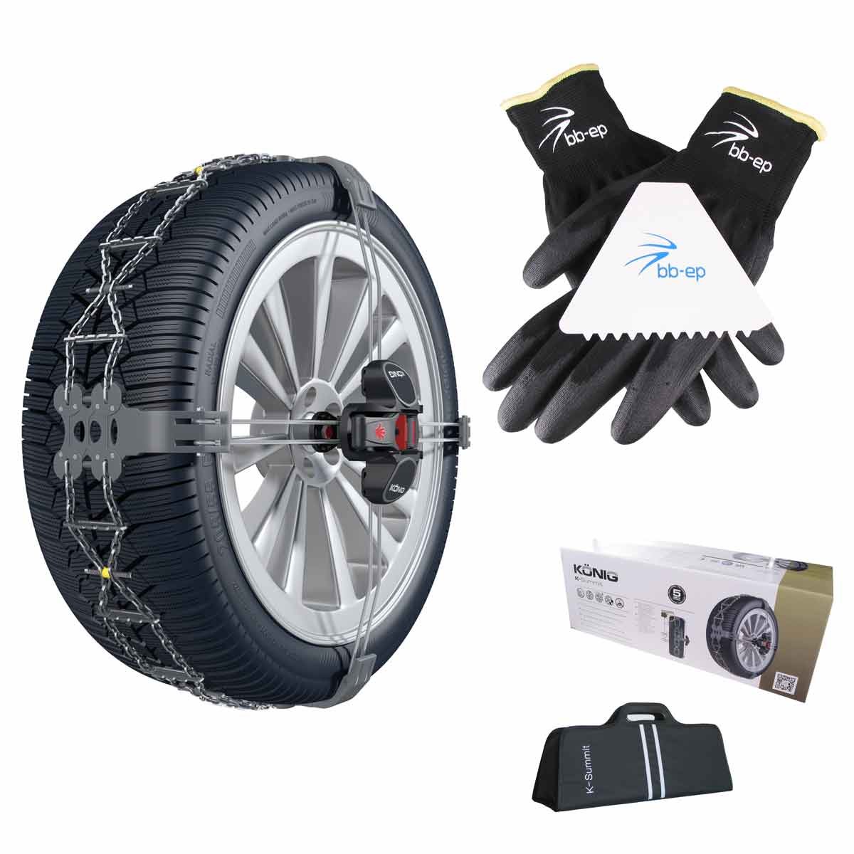 BB-EP Schneeketten Winter-Set - K-Summit Handschuhen und Eiskratzer - Zugelassen für Volkswagen Golf VI | Golf Variant VI | Golf Cabrio mit der Reifengröße 205/55 R16 6J von BB-EP