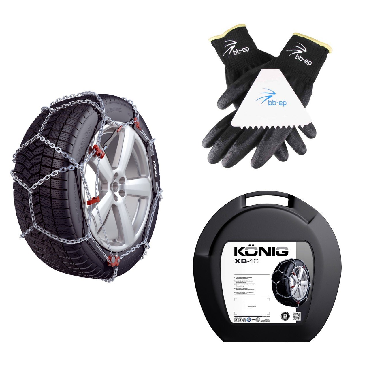 BB-EP Schneeketten Winter-Set für SUV & Transporter - passend für die Reifengröße 225/55 R17 - Kettenhersteller KÖNIG|Thule - mit Ö-Norm 5117/Ö-Norm 5119/TÜV im Set Handschuhen & Eiskratzer von BB-EP