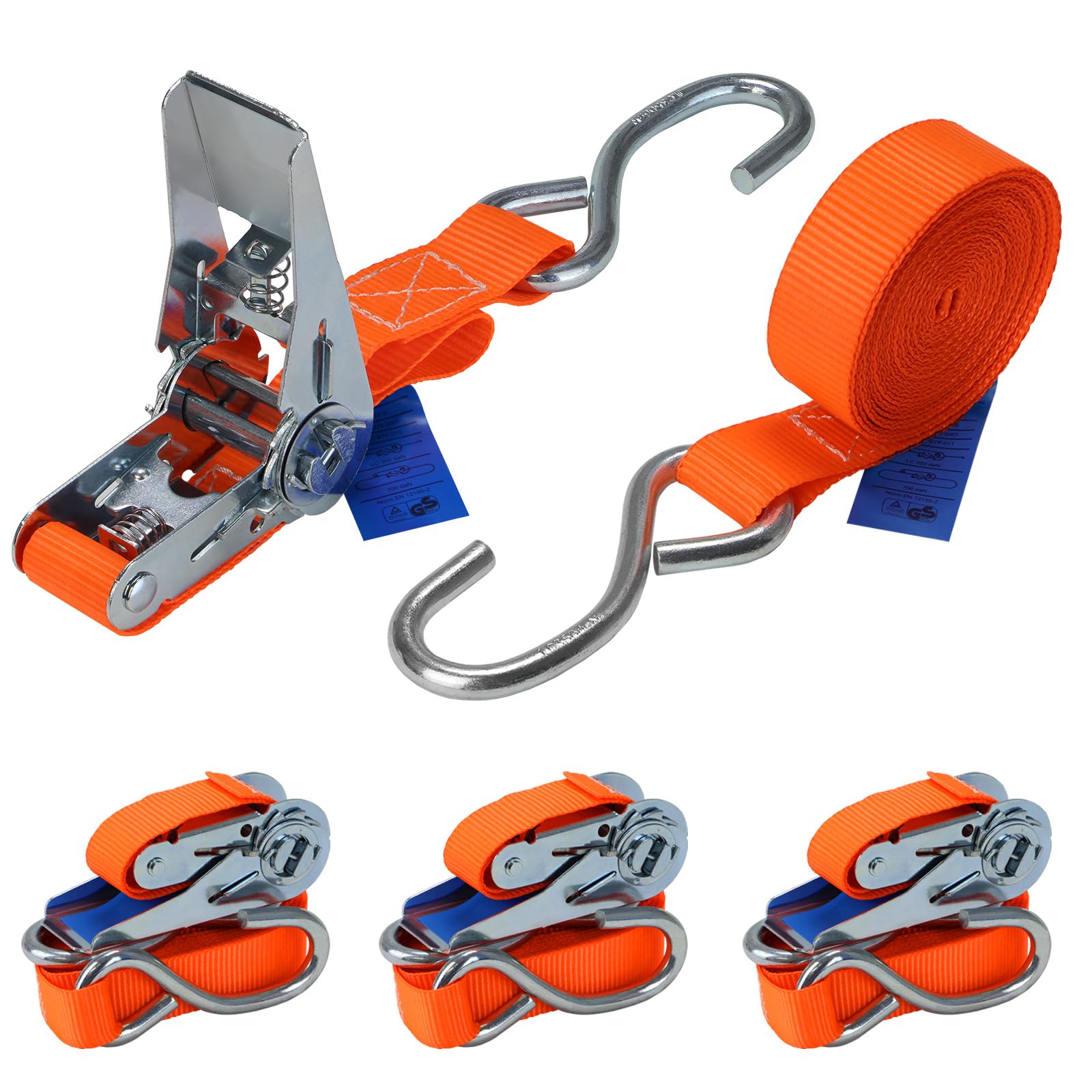 Spanngurt mit Ratsche und S Haken 4er Set 700 kg Zurrgurt DIN EN 12195-2 Ratschengurt 2-teilig orange 4 m oder 6 m, 25 mm breit - 4er Pack 2.5 cm x 4 m von BB Sport