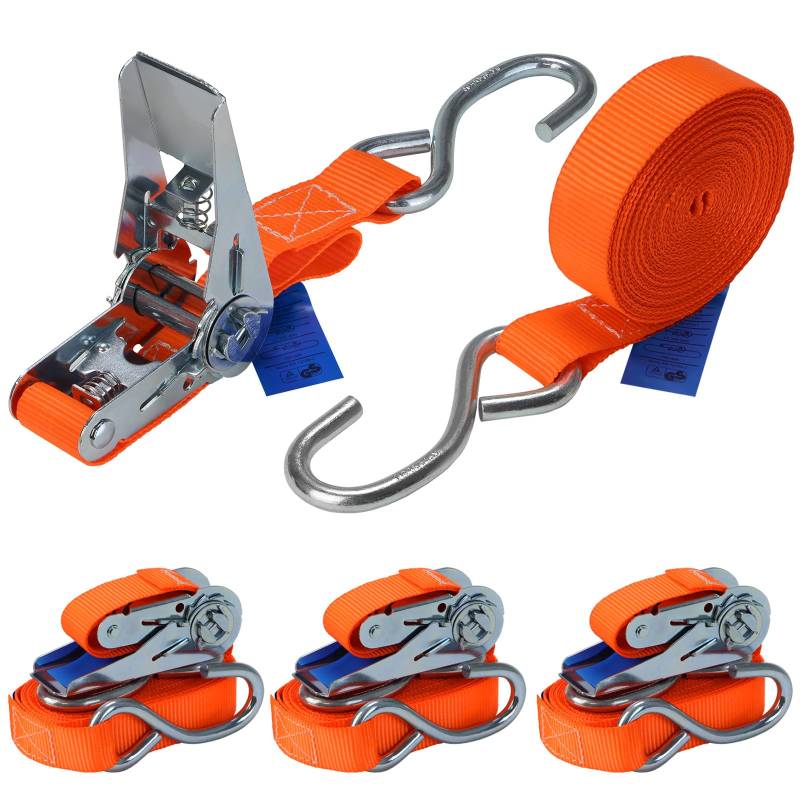 Spanngurt mit Ratsche und S Haken 4er Set 700 kg Zurrgurt DIN EN 12195-2 Ratschengurt 2-teilig orange 4 m oder 6 m, 25 mm breit - 4er Pack 2.5 cm x 6 m von BB Sport