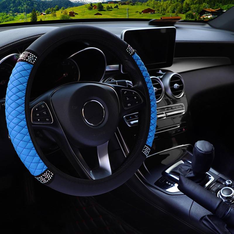 Auto-Lenkradbezüge mit glitzernden Diamanten, Auto-Lenkradbezug mit Schulterpolstern Rosa für 37-38 cm Autolenkrad (blau) von BBTISG