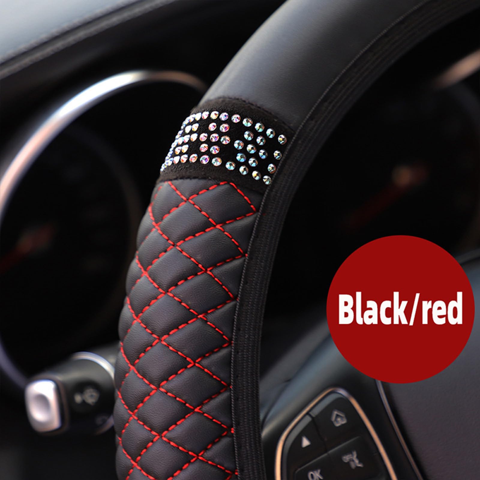 BBTISG Auto Lenkradbezüge mit glitzernden Diamanten, Universal Glitzer Auto Lenkradbezug für Damen Mädchen Auto Lenkradbezug mit Schulterpolstern für 37-38 cm Autolenkrad (schwarz rot) von BBTISG