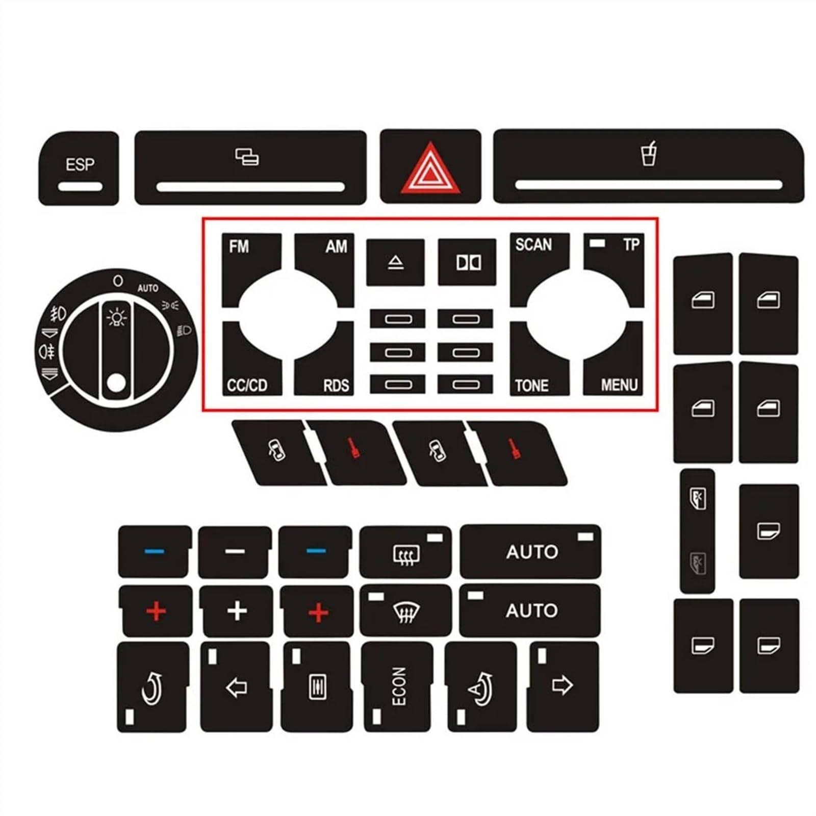 BBWUQIU Schalter Knopf Aufkleber Kompatibel Mit Für A4 Auto Front Radio Knopf Aufkleber Fensterheber Schalter Knopf Reparatursatz Alarm Klima Aufkleber Interner Knopf Aufkleber(Type B) von BBWUQIU