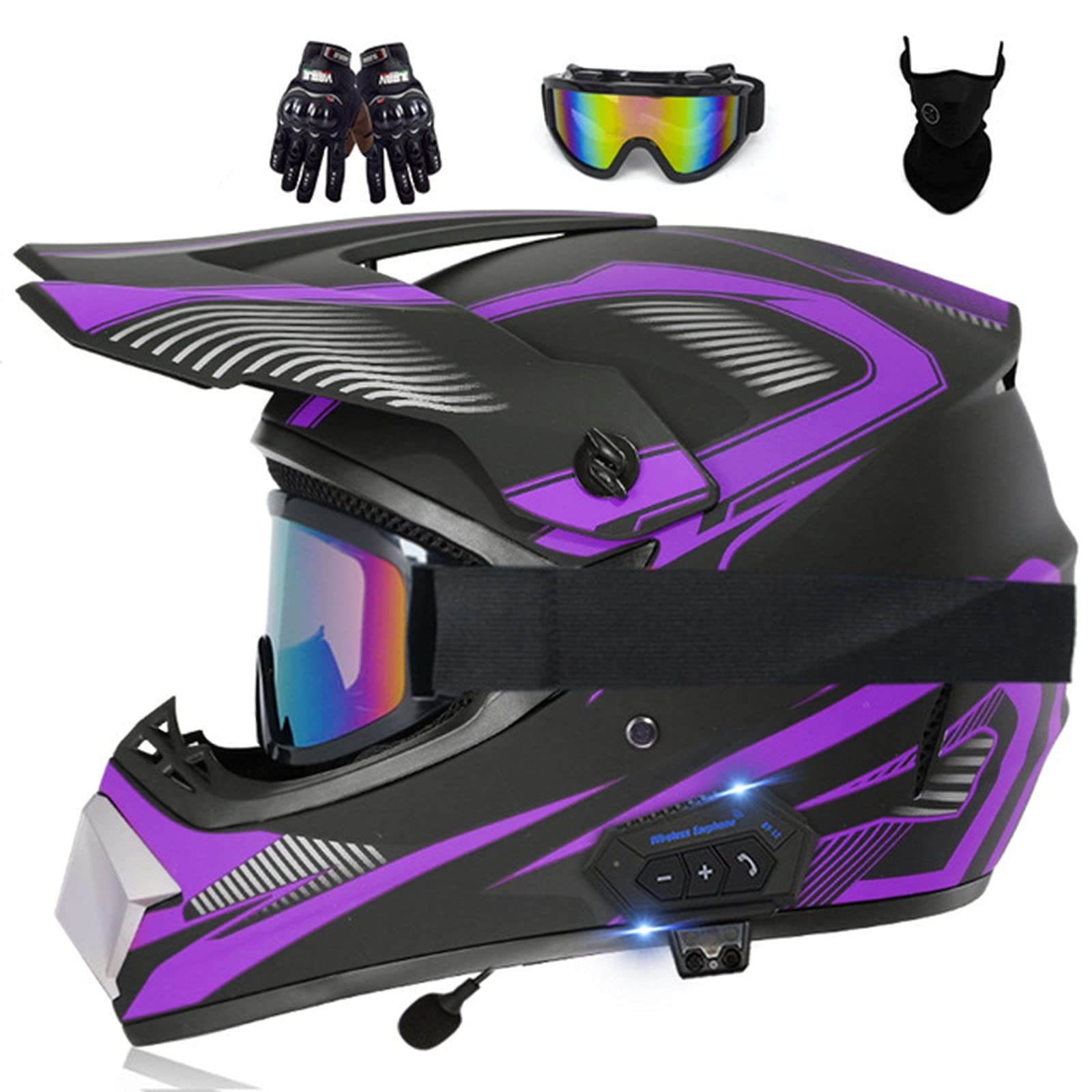 Bluetooth Motocross Helm Mit Schutzbrille Maske Handschuhe, Motocross Helm Integralhelm ECE Zugelassen MTB Downhill Helm Endurance Race Motorradhelm Für Frau Mann Erwachsene Purple,XL von BCBKD