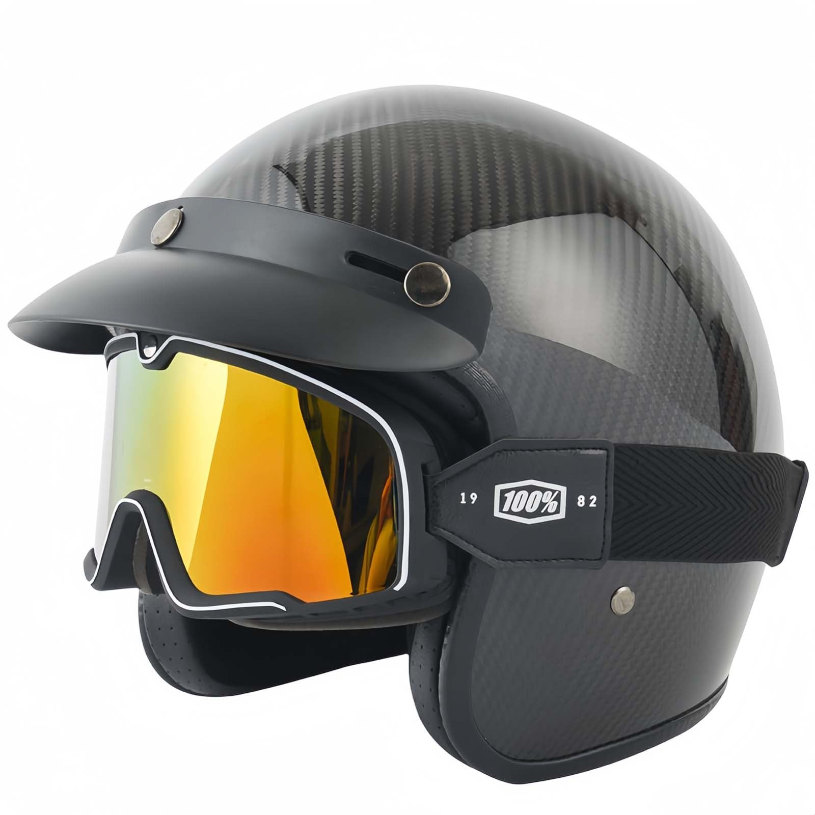 3/4 Motorrad-Halbhelm, Kohlefaser-Retro-Halbhelm Mit Offener Schutzbrille, ECE-Zertifizierter Motorradhelm Für Erwachsene Männer A,L59-60CM von BDBRHFG