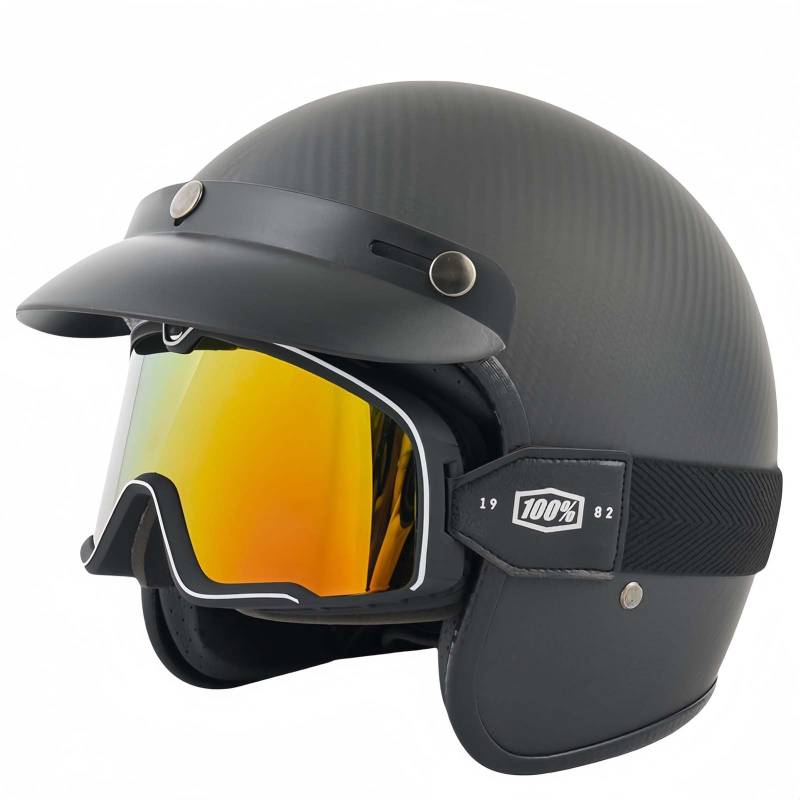 3/4 Motorrad-Halbhelm, Kohlefaser-Retro-Halbhelm Mit Offener Schutzbrille, ECE-Zertifizierter Motorradhelm Für Erwachsene Männer B,L59-60CM von BDBRHFG