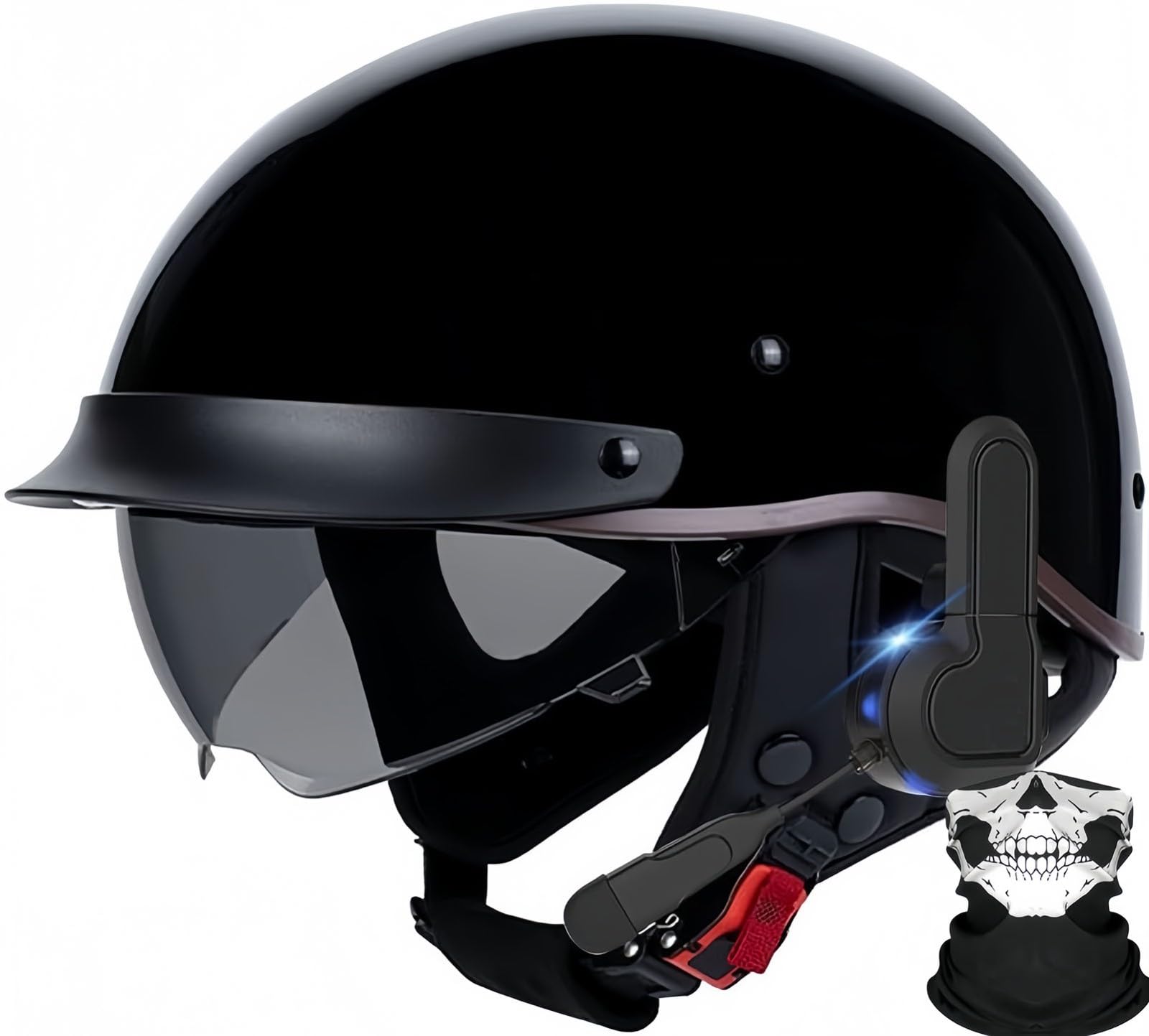 Bluetooth-Halbhelm Für Motorradfahrer Im Deutschen Stil, ECE-Zugelassener Retro-Jethelm Mit Schutzbrille, Straßen-Motorrad-Halbhelm Für Rollertouren, Unisex B,M56-57CM von BDBRHFG