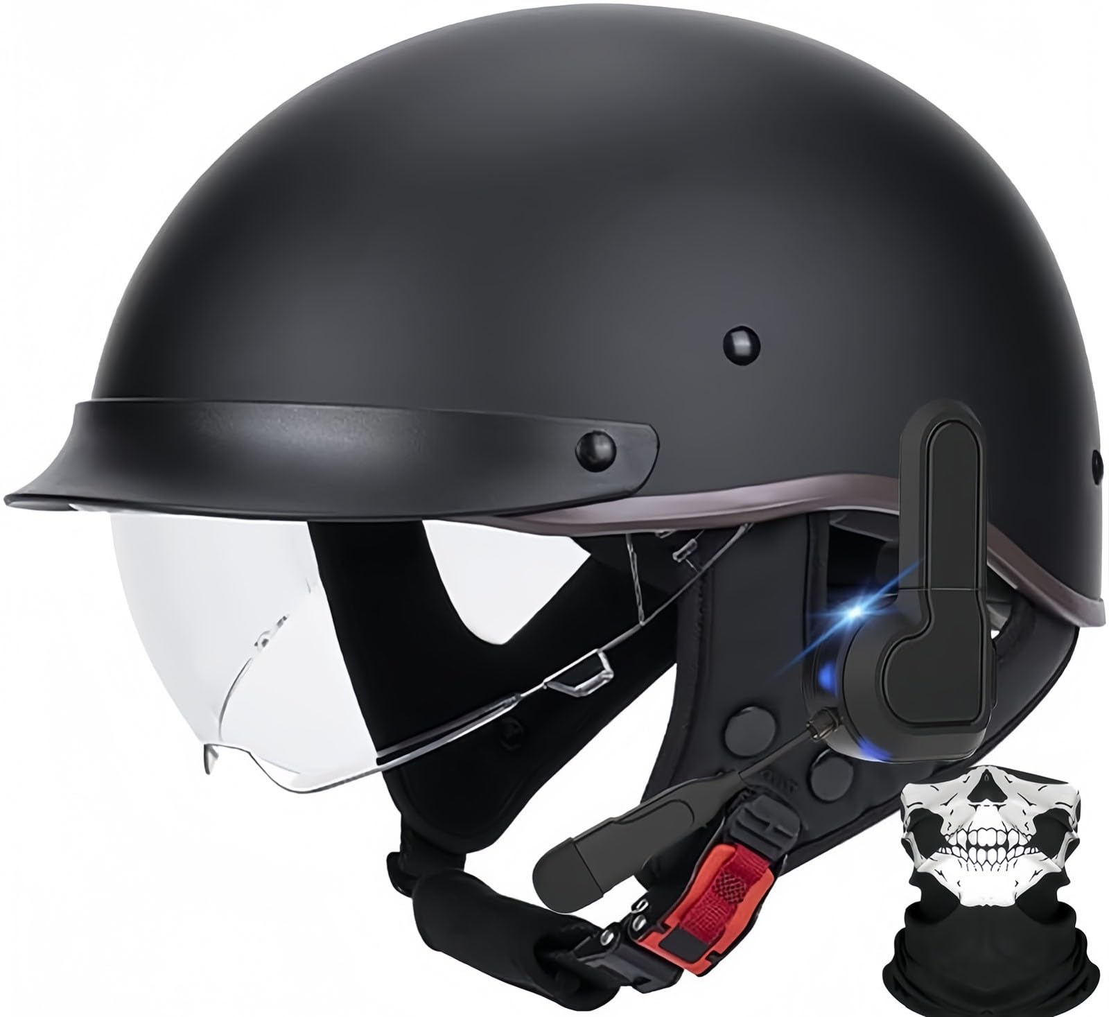 Bluetooth-Halbhelm Für Motorradfahrer Im Deutschen Stil, ECE-Zugelassener Retro-Jethelm Mit Schutzbrille, Straßen-Motorrad-Halbhelm Für Rollertouren, Unisex C,XL60-61CM von BDBRHFG